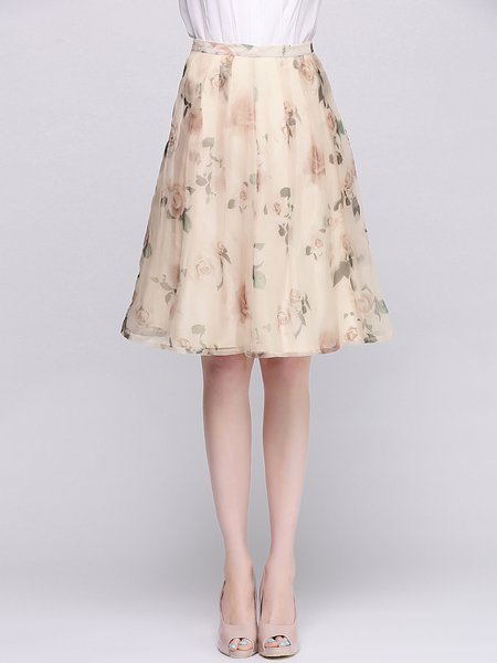 Silk Pink Floral Printed A-line Casual Midi Skirt - StyleWe.com